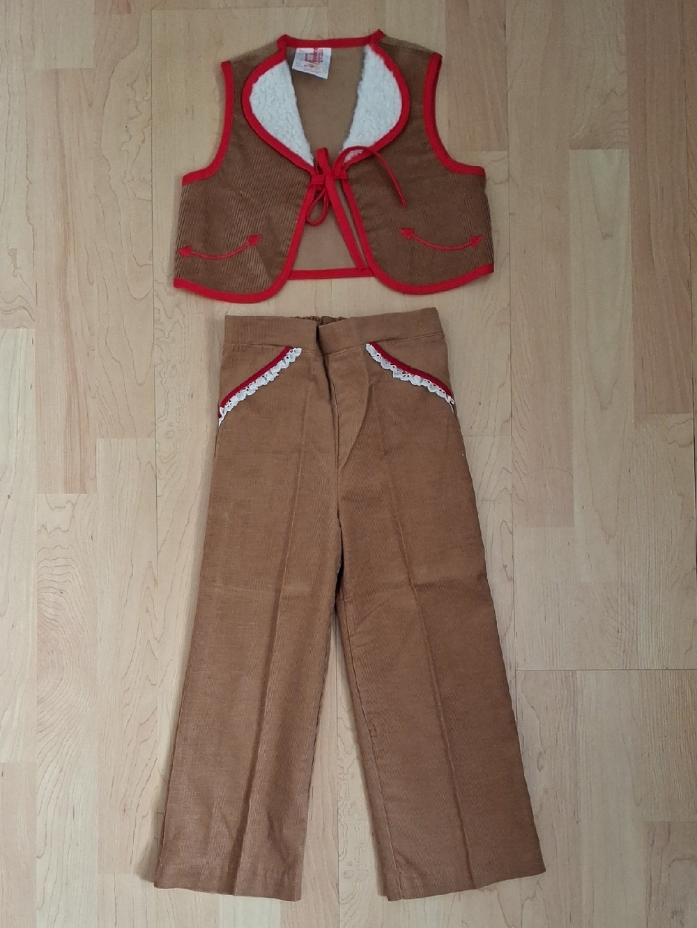 Vintage Kids Size 4 Corduroy Brown Vest & Pants Set Wide Leg Sherpa Red Piping